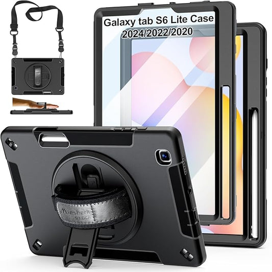 Case for Galaxy Tab S6 Lite 10.4 Inch 2024/2022/2020 : Military Grade TPU Shockproof Cover with Screen Protector - Stand - Shoulder Strap - Handle - S-Pen Holder for Samsung Tablet S6 Lite - Black