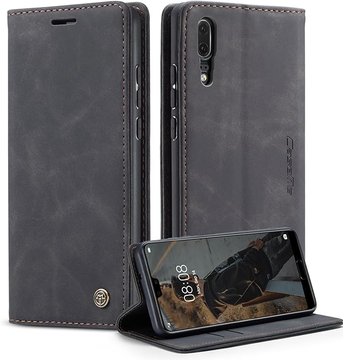 for Huawei P20 Case, Flip Wallet Leather Case with Card Holder Magnetic Closure Shockproof Kickstand Protective Phone Cases Cover for Huawei P20,Black