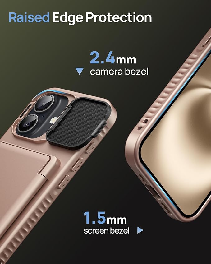 for iPhone 16 Case with Card Holder & Camera Lens Cover & Stand, Military Grade Drop Protection Shockproof Rugged Kickstand Wallet Protective Phone Case Cover for iPhone 16 6.1" 2024, Rose Gold