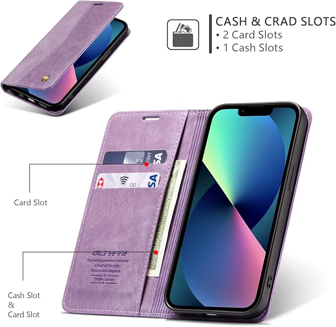 QLTYPRI Case for iPhone 14, Vintage PU Leather Wallet Case Card Slot Kickstand Magnetic Closure Shockproof Flip Folio Book Case Cover for iPhone 14(6.1 inch) - Retro Purple