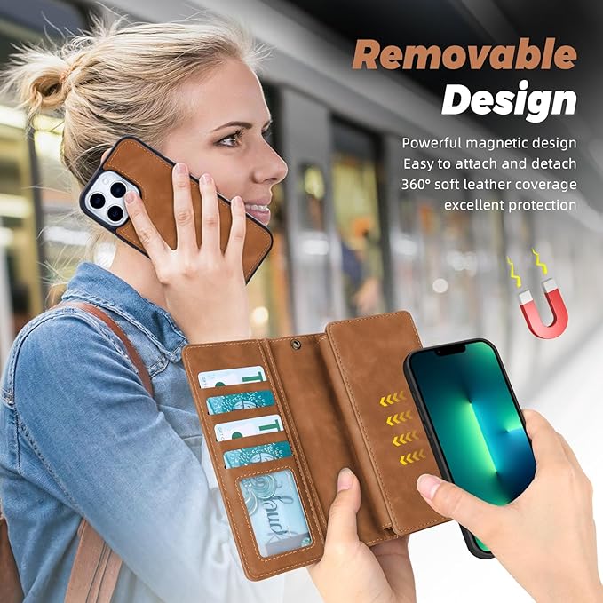 TwoHead for iPhone 13 Pro Max Wallet Case with Card Holder & Detachable Magnetic Phone Case, Leather All-Round Protection Phone Case Wallet for Women/Men,6.7 in,Brown
