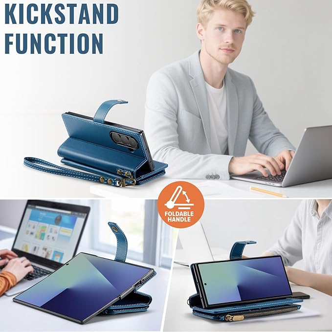 Vinich for Samsung Galaxy Z Fold 7 Wallet Case with Card Holder, Detachable Strap RFID Blocking Credit Slots Kickstand Shockproof Phone Cover for Women Men, Blue