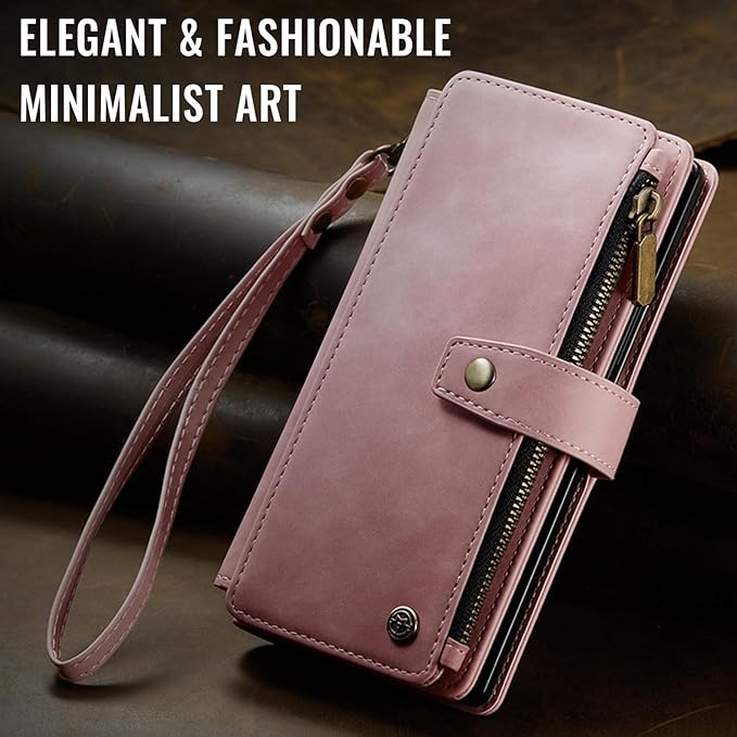 Vinich for Samsung Galaxy Z Fold 7 Wallet Case with Card Holder, Detachable Strap RFID Blocking Credit Slots Kickstand Shockproof Phone Cover for Women Men, Rose Pink