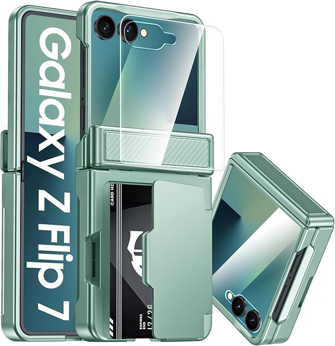CENMASO for Samsung Galaxy Z Flip 7 Case with Card Holder [RFID Blocking] & Hinge Protection & HD Screen Protector, Rugged Anti-Scratch Full-Body Shockproof Phone Case for Z Flip 7-Mint Green