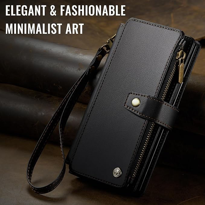 Vinich for Samsung Galaxy Z Fold 7 Wallet Case with Card Holder, Detachable Strap RFID Blocking Credit Slots Kickstand Shockproof Phone Cover for Women Men, Black