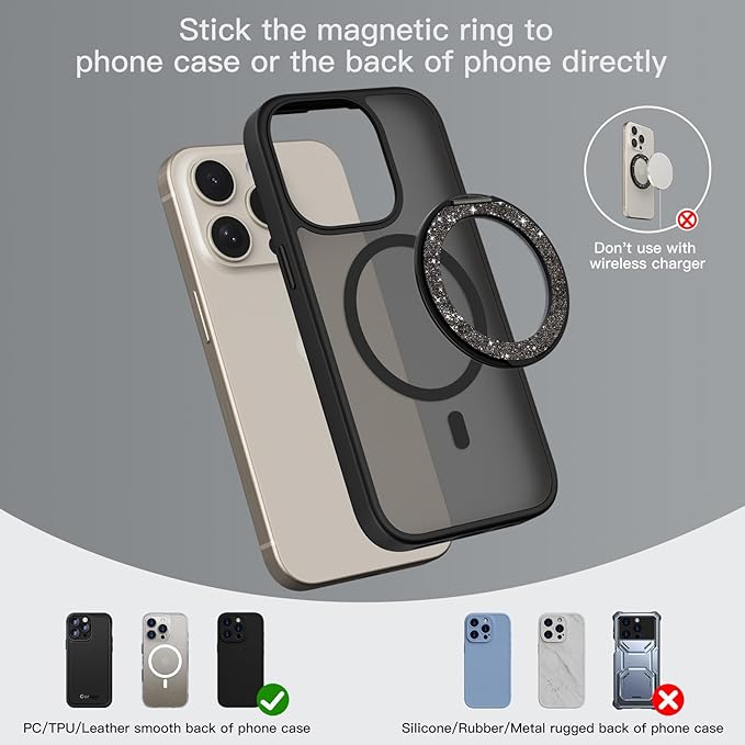 COOLQO Upgraded Magnetic Phone Ring Holder Stand, Super Magnet Cell Phone Grip Finger Kickstand Compatible with MagSafe Mag Safe Accessory for iPhone All Smartphones (1-Glitter Black)