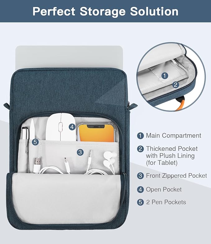 MoKo 12.9 Inch Tablet Sleeve Bag, Fits with 13 Inch New iPad Pro M4 & Air M2 2024,iPad Pro 12.9 M2&M1,Surface Laptop Go 12.4,Galaxy Tab S8+/S9+ 12.4,Handle Carrying Case with Shoulder Strap, Indigo