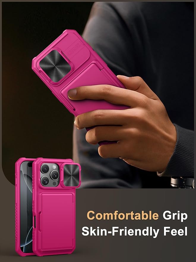 Vihibii for iPhone 16 Pro Case Wallet with Card Holder (4 Cards) [RFID Blocking] & Slide Camera Cover & Raised Edges Protect Screen, Shockproof Rugged Phone Cover for iPhone 16 Pro 5G 6.3" 2024, Pink
