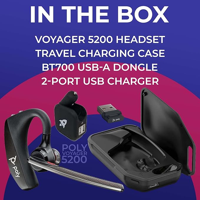 Plantronics Voyager 5200 Bluetooth Headset Bundle - Noise Canceling Wind Blocking Mic for Calls, Zoom Meetings, 6 Hours Rechargeable Battery, Travel Charging Case Included 203500-101, GTW Cloth