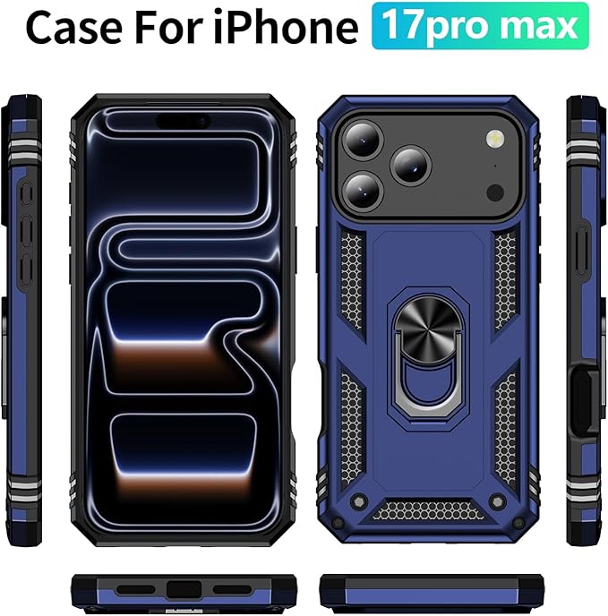 ADDIT Compatible with iPhone 17 Pro Max Case with Tempered Glass Screen Protector, Adjustable Kickstand Ring, Military-Grade Heavy Duty Protection, Shockproof, Anti-Fingerprint,Blue