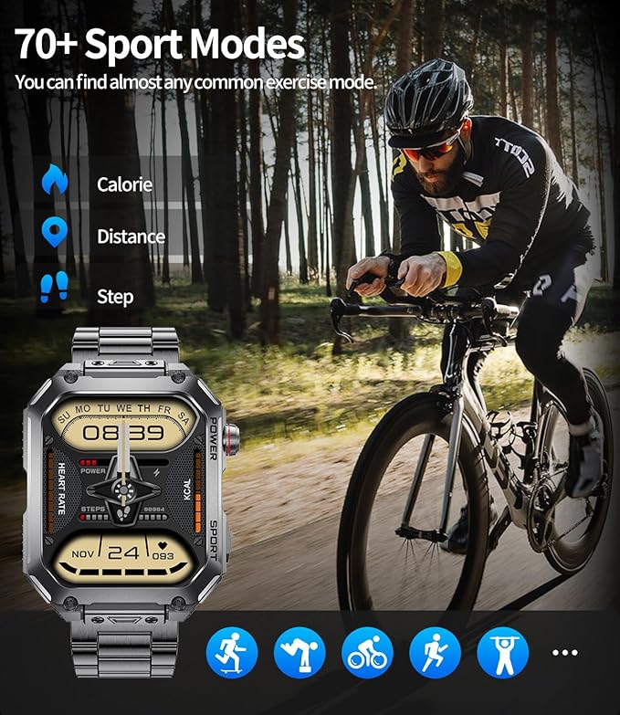 LIGE Military Smart Watches for Men, 1.96'' HD Screen with Answer Make Call Smart Watch for iOS Android Phone, Fitness Tracker with Heart Rate Sleep Monitor, 5ATM Waterproof Smartwatch