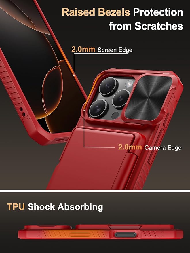 Vihibii for iPhone 16 Pro Wallet Case with Card Holder (4 Cards) [RFID Blocking] & Slide Camera Cover & Raised Edges Protect Screen, Shockproof Rugged Phone Cover for iPhone 16 Pro 5G 6.3" 2024, Red