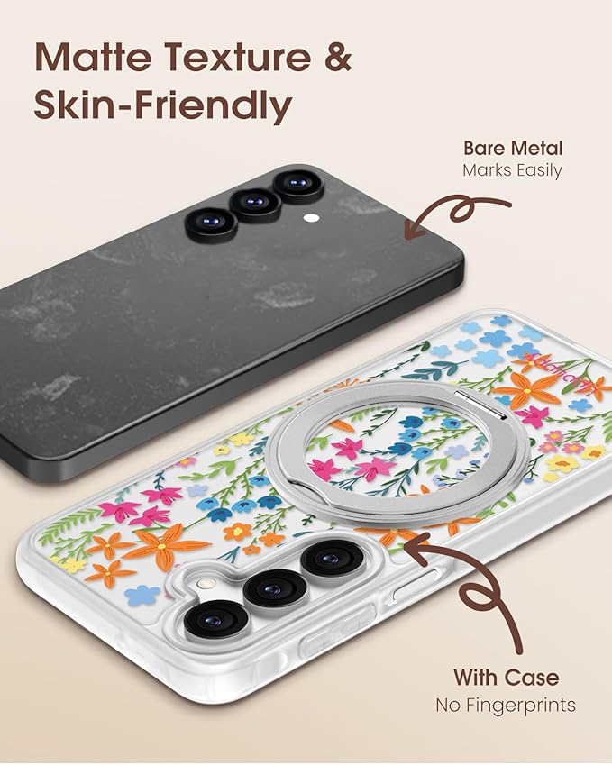 for Samsung Galaxy A16 4G/5G Case with 360° Rotatable Magnetic Ring - Semi-Transparent Anti-Fingerprint Soft-Touch Material Shockproof, Cute Colors Flower Design for Women Girl