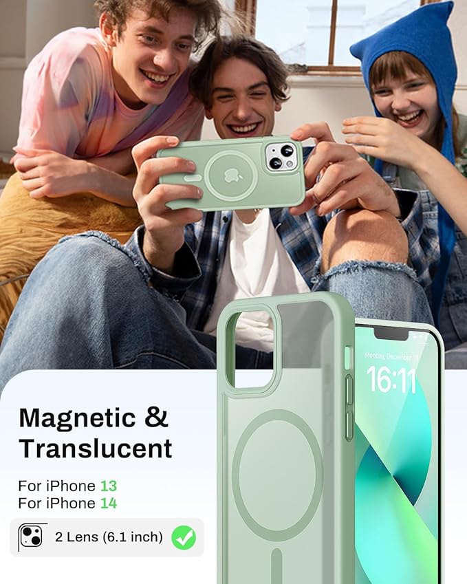 Magnetic for iPhone 13 Case & iPhone 14 Case, Compatible with MagSafe, Military Grade Drop Protection, Slim Shockproof Anti-Fingerprint Translucent Matte Phone Protective Cover, Light Green