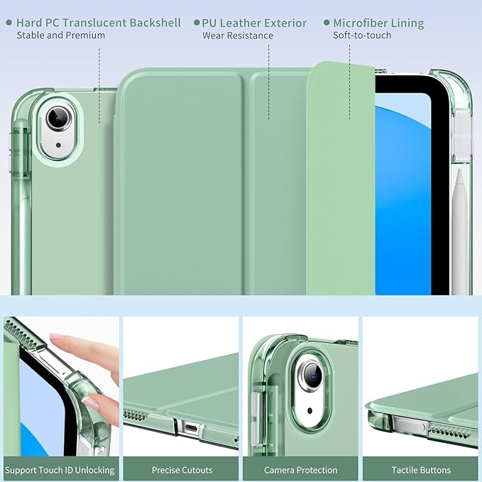 MoKo for iPad (A16) 11th Generation Case 11 Inch 2025, iPad 10th Generation Case 10.9 Inch 2022 with Pencil Holder, Slim Light Trifold Protective Cover with Hard PC Translucent Back Shell, Agave Green