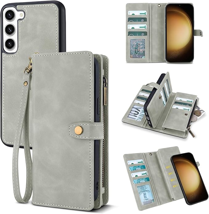 TwoHead for Samsung Galaxy S23 Plus Wallet Case with Card Holder,Detachable Magnetic Phone Case for Galaxy S23 Plus,PU Leather All-Round Protective Phone Cover Wallet with Strap(6.6 in,Gray)