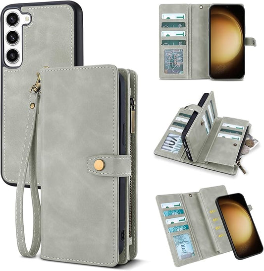 TwoHead for Samsung Galaxy S23 Plus Wallet Case with Card Holder,Detachable Magnetic Phone Case for Galaxy S23 Plus,PU Leather All-Round Protective Phone Cover Wallet with Strap(6.6 in,Gray)