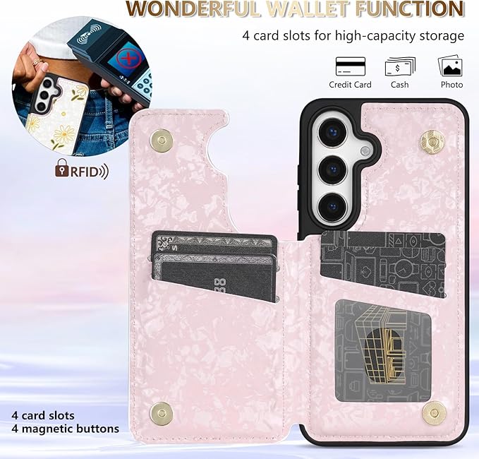 NNH Compatible with Samsung Galaxy S25 Plus Wallet Case with RFID Blocking Card Slots Folio Flip PU Leather Kickstand Double Magnetic Clasp Design Cover for Galaxy S25+(6.7inch-White Little Daisy)