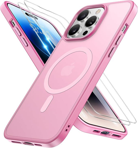 Miracase Magnetic for iPhone 14 Pro Max Case 6.7 inch (Compatible with MagSafe)（with 2X Screen Protectors） Military-Grade Protection, Anti-Fingerprint Translucent Matte Phone Case Cover, Mes Pink