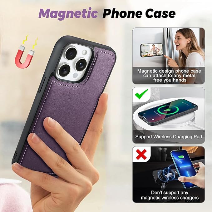 TwoHead Wallet Case Compatible with iPhone 15 Pro Max,Detachable Magnetic Phone Case,All-Round Shockproof Protective Leather Phone Case with Card Holder,6.7 in,Deep Purple
