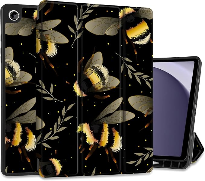 MEEgoodo Case for Samsung Galaxy Tab A9 Plus 11 inch Cover 2024 2023 with S Pen Holder, A9+ Smart Tablet Cases with Leather Trifold Stand+Soft TPU Back Shell+Smart Auto Wake/Sleep, Bumblebee & Leaves