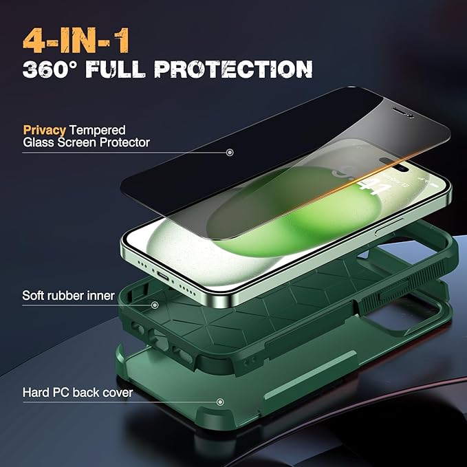 Diaclara Designed for iPhone 15 Case, [with Privacy Screen Protector] [Anti Spy] [Military Grade Drop Protection] Heavy Duty Full-Body Shockproof Phone Case,Green