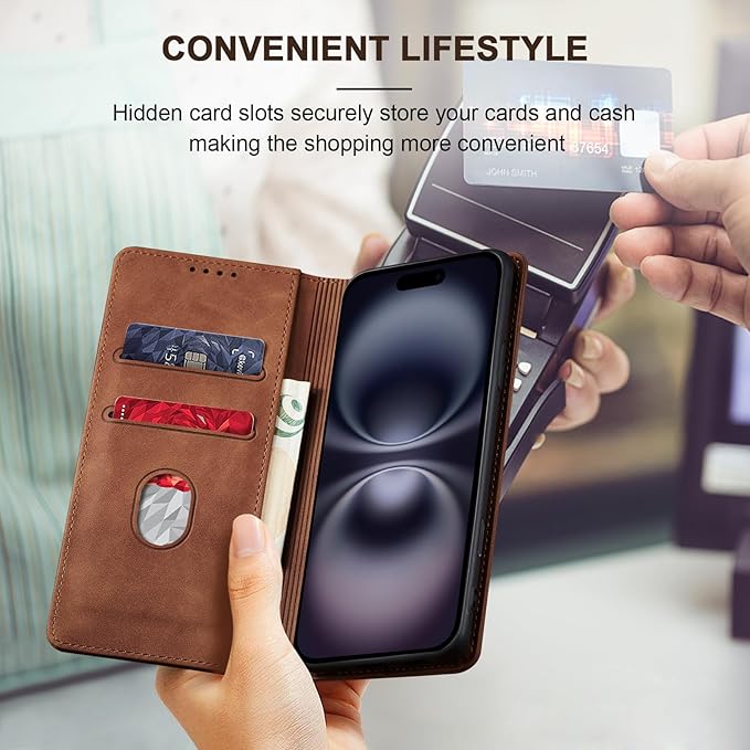 Jasonyu Flip Wallet Case for iPhone 16 Plus,Leather Magnetic Folio Cover with Card Holder,Kickstand - TPU Shockproof Durable Protective Phone Case,Brown