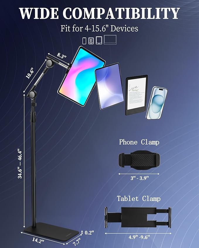 SHUWEI Tablet Floor Stand with Double Self-Locking Worm Gears, 70.9”Height Adjustable iPad Floor Stand with 7.5lb Stable Base, Compatible with 4-15.6'' iPad, Kindle, Phone, Portable Monitor, Black