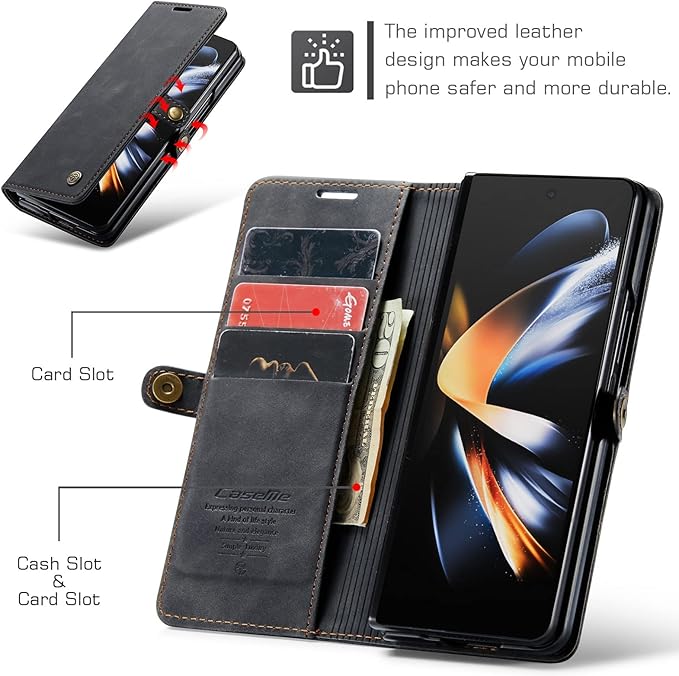 for Samsung Galaxy Z Fold4 Case, Flip Wallet Leather Case with Card Holder Magnetic Closure Shockproof Kickstand Protective Phone Cases Cover for Samsung Galaxy Z Fold4,Black