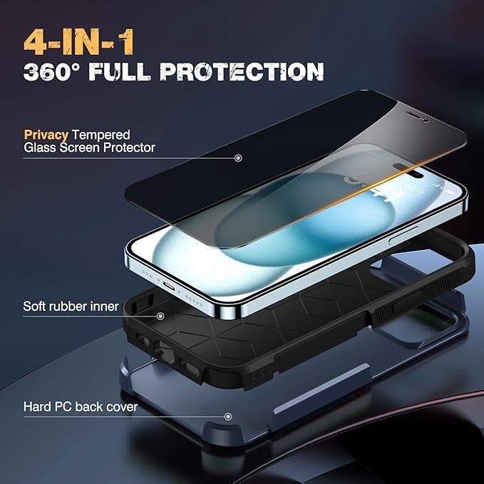 Diaclara Designed for iPhone 15Plus Case, [with Privacy Screen Protector] [Anti Spy] [Military Grade Drop Protection] Heavy Duty Full-Body Shockproof Phone Case, Dark Blue