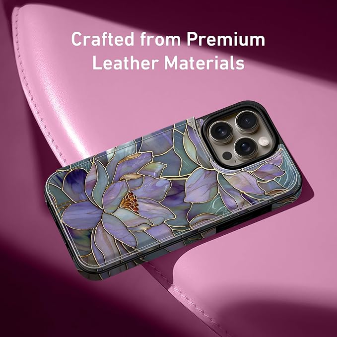 FUNMIKO for iPhone 15 Pro Max Wallet Case with Card Holder, RFID-Blocking, Military-Grade Protection & UV-Printed Artwork, Magnetic Closure with Leather Kickstand - Dreamy Lotus