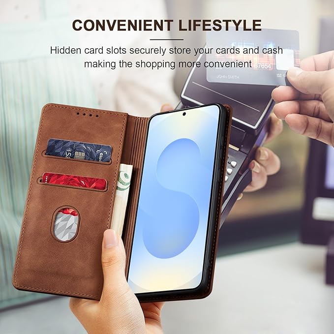 Jasonyu Flip Wallet Case for Samsung Galaxy S25,Leather Magnetic Folio Cover with Card Holder,Kickstand - TPU Shockproof Durable Protective Phone Case,Brown