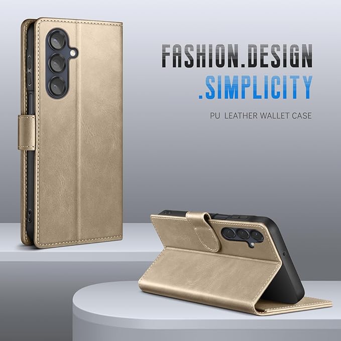 Wallet Case for Samsung Galaxy S25 5G Magnetic Flip Leather Folio Cover with RFID-Blocking Credit Card Holder, Women Men Protective Phone Case Compatible with Samsung S25, Golden