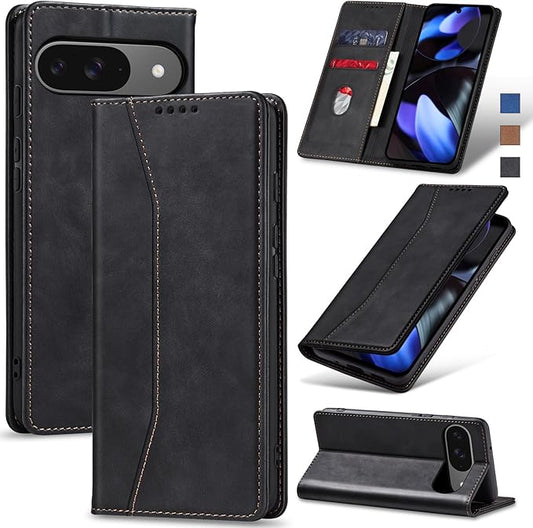 Jasonyu Flip Wallet Case for Google Pixel 9/9 Pro,Leather Magnetic Folio Cover with Card Holder,Kickstand - TPU Shockproof Durable Protective Phone Case,Black