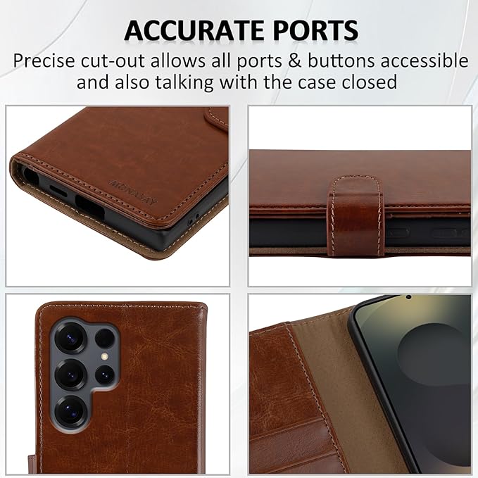 MONASAY Wallet Case Fit for Samsung Galaxy S25 Ultra 6.9 inch, [Lens & Glass Screen Protector Included] [RFID Blocking] Flip Folio Leather Cell Phone Cover with Credit Card Holder, Brown