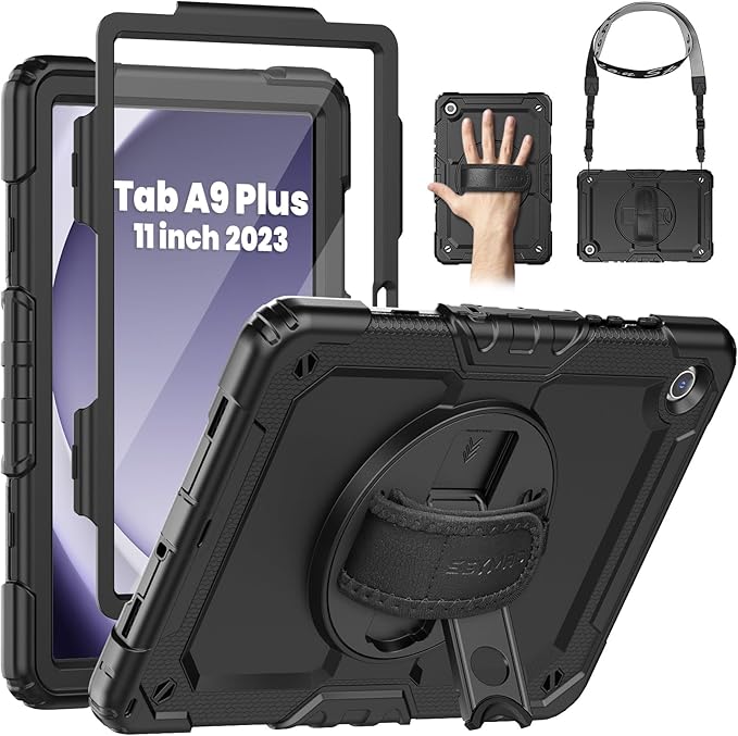 SEYMAC Case for Samsung Galaxy Tab A9+/ A9 Plus Case 11" 2023 (SM-X210/X216/X218), Heavy Duty Shockproof Protective Case with Screen Protector, Rotating Stand and Hand/Shoulder Strap, Black
