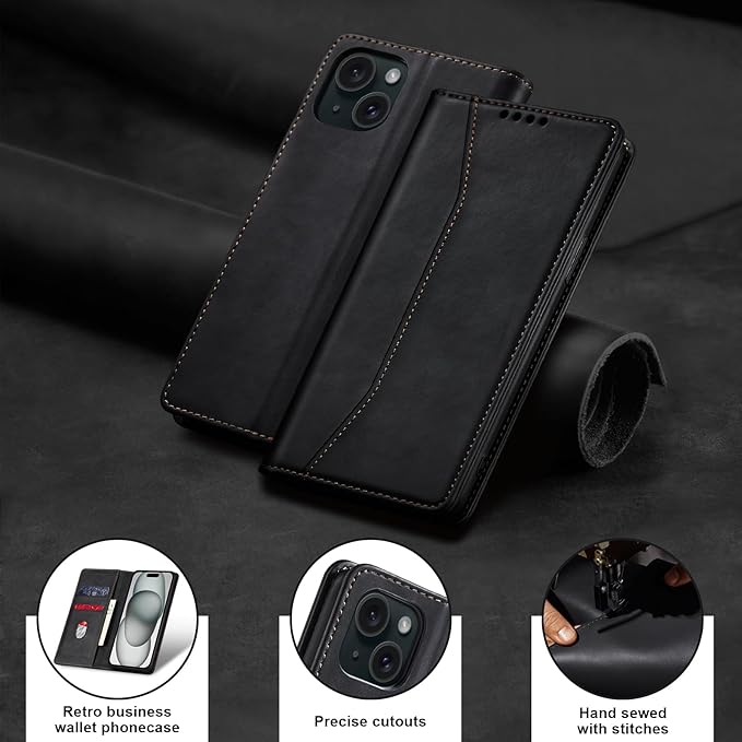 Jasonyu Flip Wallet Case for iPhone 15 Plus,Leather Magnetic Folio Cover with Card Holder,Kickstand - TPU Shockproof Durable Protective Phone Case,Black