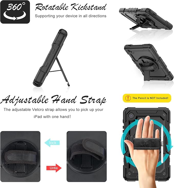 Case for Samsung Galaxy Tab A7 Lite 8.7-inch Tablet Case 2021 [with Tempered Glass Screen Protector], Rotatable Kickstand, S Pen Holder, Hand/Shoulder Strap (Black)