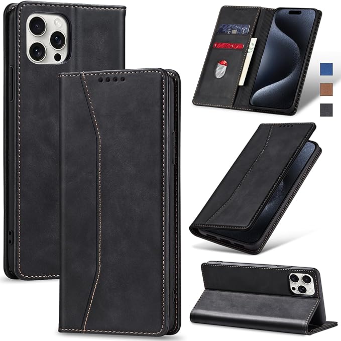Jasonyu Flip Wallet Case for iPhone 15 Pro,Leather Magnetic Folio Cover with Card Holder,Kickstand - TPU Shockproof Durable Protective Phone Case,Black