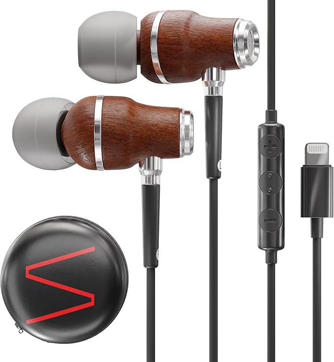 Symphonized iPhone Earphones Wired Deep Bass Sound, 3D Sound, Microphone Volume Control, 90% Noise Cancelling, Bubinga Wooden with Lightning (Apple MFI Certified), iPhone SE to 14 Earbuds (Black)