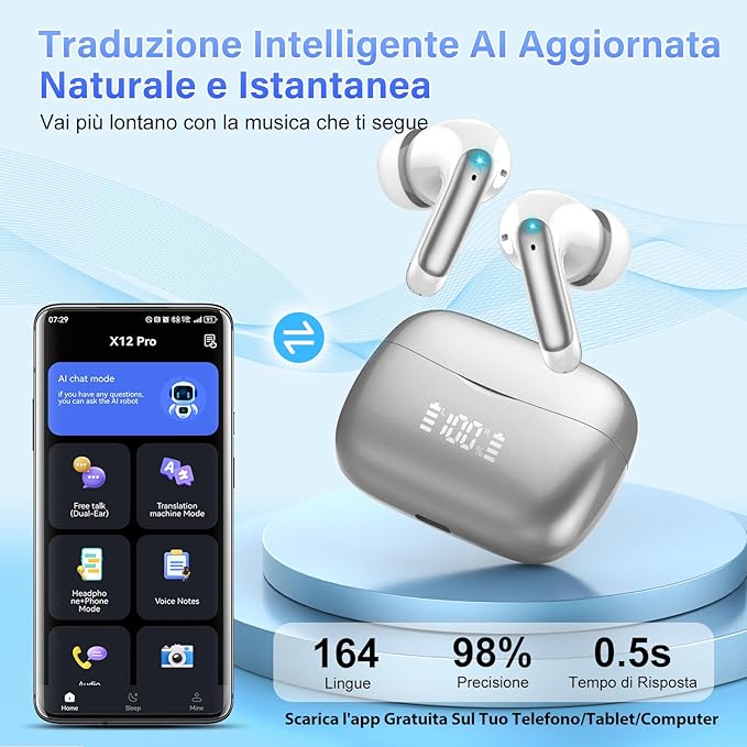 AI Translation Earbuds Real Time with Audio and Video Calls, 164 Language/7 Translation Modes Translator Earbuds Bluetooth 5.4 with APP, 48H AI Ear Buds Translator Device for Business/Learning/Travel