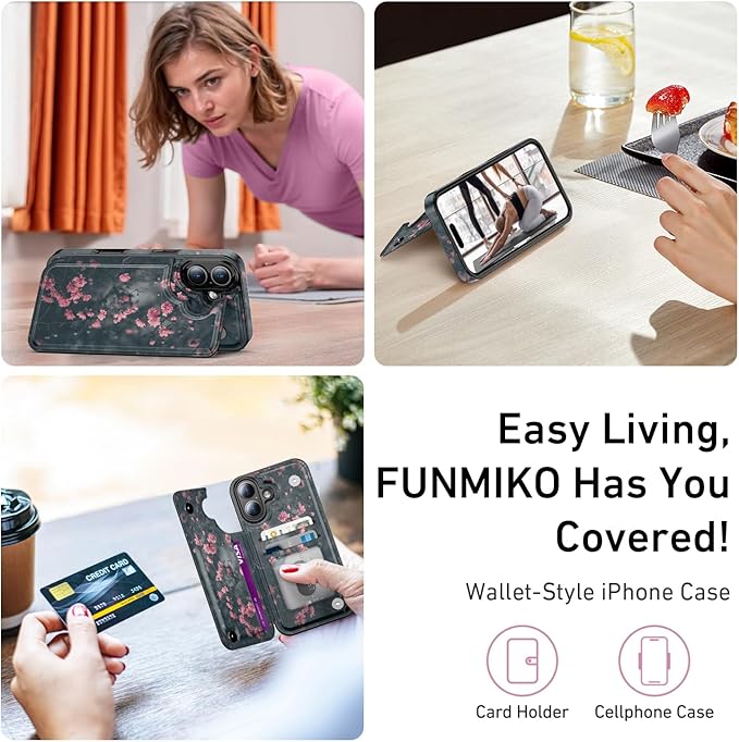 FUNMIKO for iPhone 16 Wallet Case with Card Holder, RFID-Blocking, Military-Grade Protection & UV-Printed Artwork, Magnetic Closure with Leather Kickstand - Mystic Blooming Plum