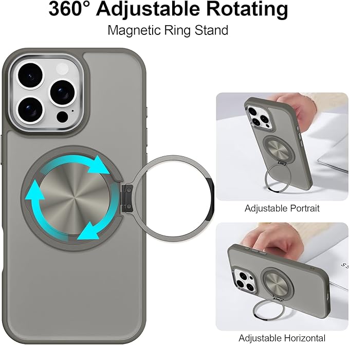 ZIYE Gray Case for iPhone 16 Pro Case with Stand [Compatible with MagSafe] Slim Heavy Duty Protection Military Grade Shockproof Magnetic Cover with 360 Rotatable Ring Kickstand for Women Men
