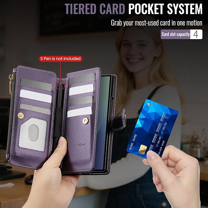 Vinich for Samsung Galaxy Z Fold 7 Wallet Case with Card Holder, Detachable Strap RFID Blocking Credit Slots Kickstand Shockproof Phone Cover for Women Men, Purple