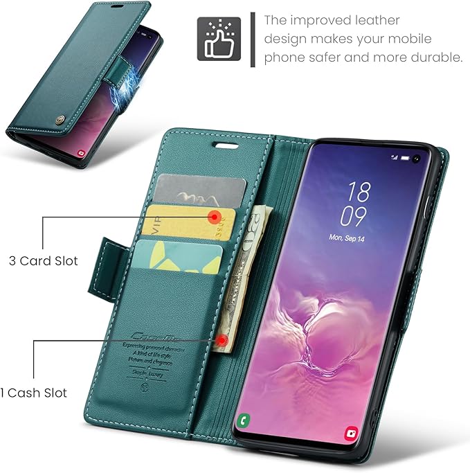 Case for Samsung Galaxy S10 Wallet Case, RFID Blocking PU Leather Flip Folio Cover Card Holder Kickstand Shockproof Phone Case Compatible with Samsung Galaxy S10, Blue Green