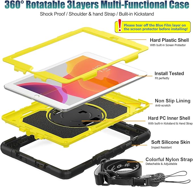 SEYMAC stock Case for iPad 9th/ 8th/ 7th Generation 10.2'', Shockproof with Screen Protector, Pencil Holder [360° Rotating Hand Strap] & Stand, for iPad 10.2 inch 2021-2019 (Yellow+Black)