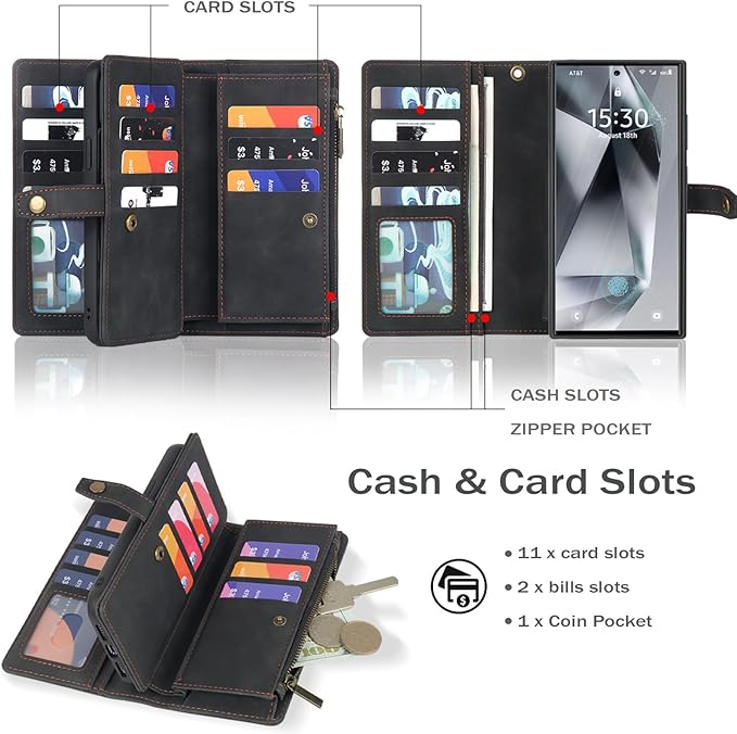 TwoHead for Samsung Galaxy S24 Ultra Wallet Case with Card Holder, Detachable Magnetic Phone Case for S24 Ultra,PU Leather All-Round Protective Phone Case Wallet with Wrist Strap,Black