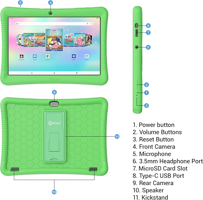Contixo 10-Inch Kids Tablet - Ages 3-12, 80 Disney eBooks ($350 Value), 32GB Storage, Android, Parental Controls, Silicone Case w/Kickstand, STEM Learning Tablet for Older Kids - Green
