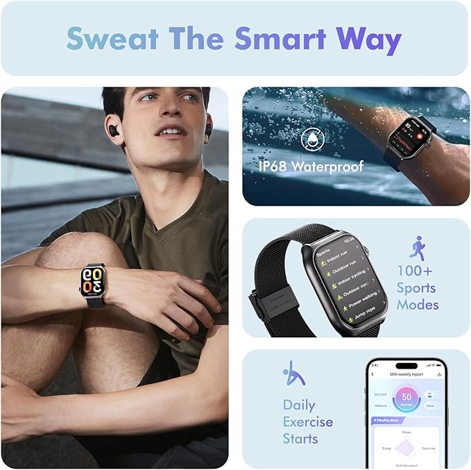 YMS Android Smart Watch for Women - 2.0",IP68 Waterproof Fitness Watches Bluetooth Call (Answer/Call),Heart Rate/Sleep/Pressure/Steps Monitor, Android & iOS,100+ Sports Trackers (Black(Milanese))