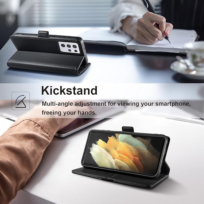 Wallet Flip Case for Samsung Galaxy S21 Ultra 5G - [RFID Blocking] Luxury PU Leather Card Holder Magnetic Phone Cover with Kickstand,Shockproof Protective Case,Black